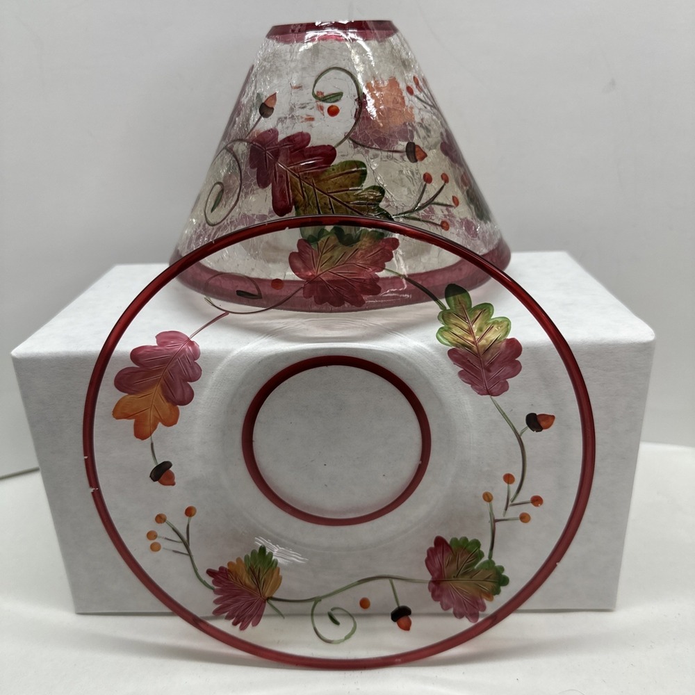 Yankee Candle Crackle Glass Shade Topper Round Plate Fall Autumn Leaves Set